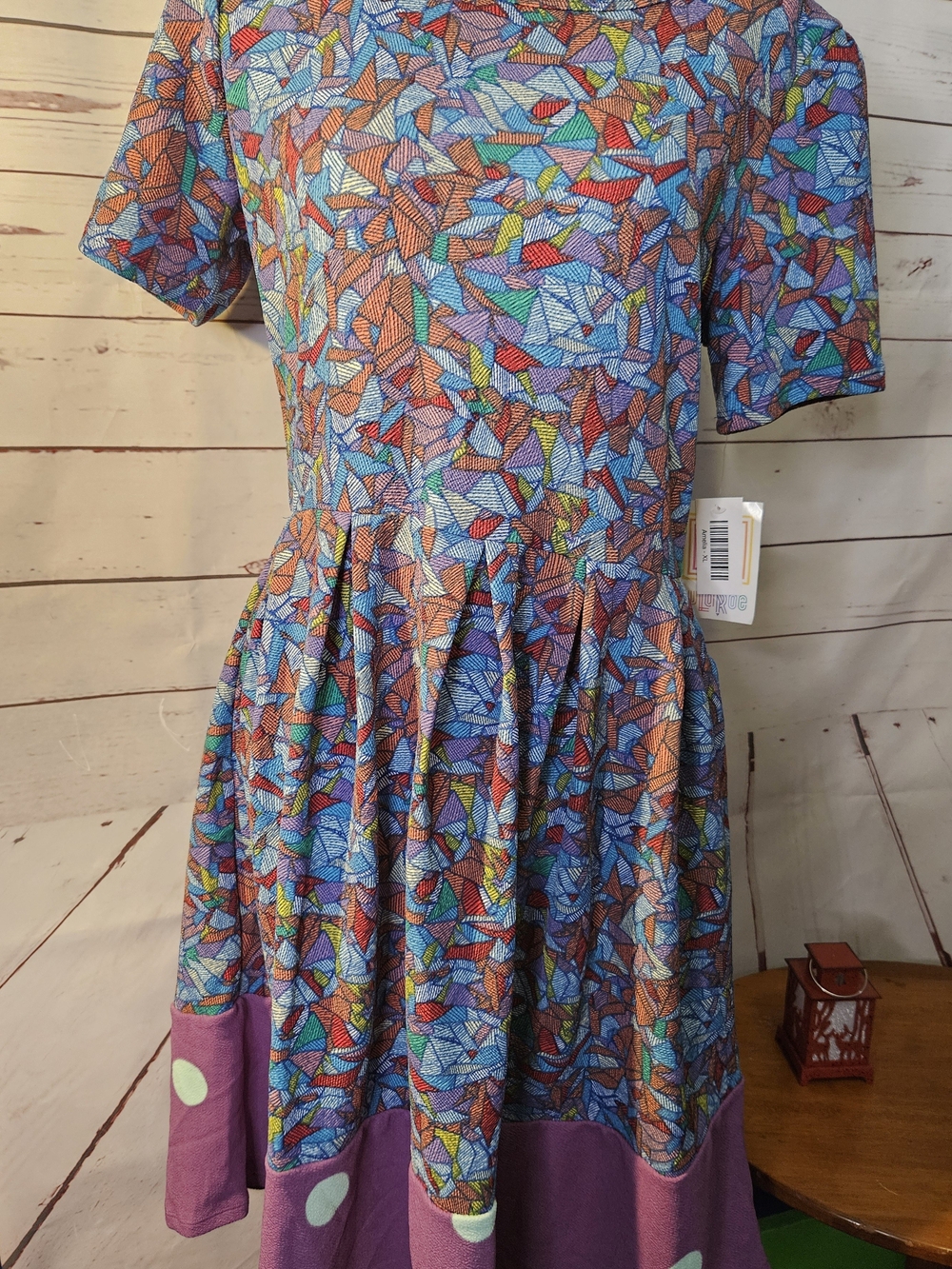 LuLaRoe Asymmetrical Multicolor Mosaic Print Dress with Purple Hem